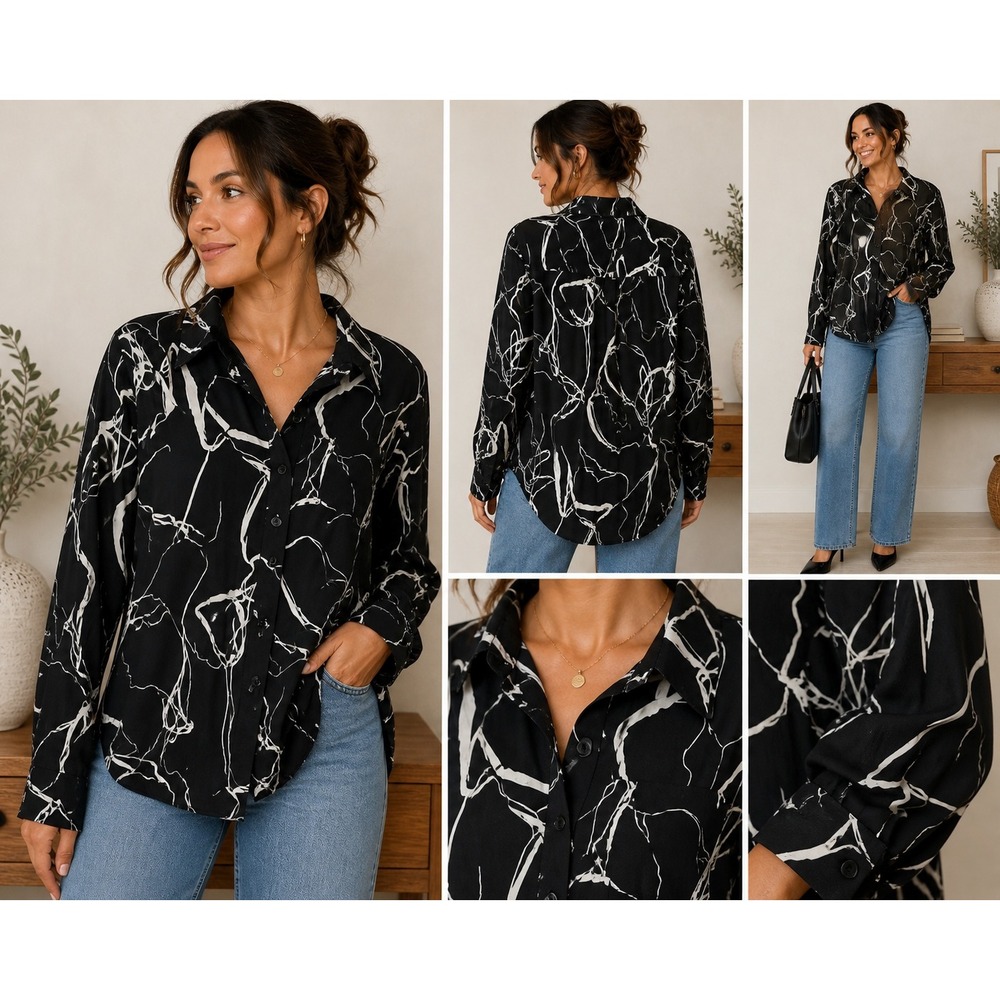 Zara‎ Abstract Line Art Button Down Shirt Womens Large Black White Minimalist